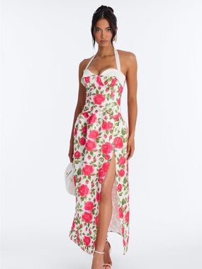 White Halter Maxi Dress with Pink Rose Print